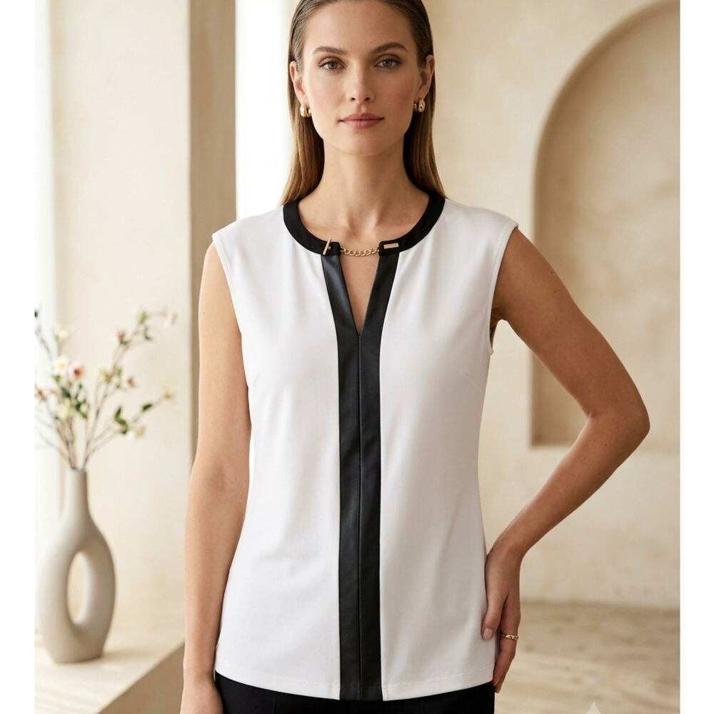 Calvin Klein Blouse Top Women's M White Faux Leather V-Neck Gold Chain Detail